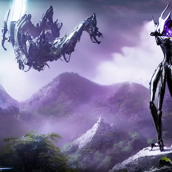 Image similar to extremely detailed cinematic low ground shot of a giant 1000 meter tall beautiful stunning female warframe goddess, that's an anthropomorphic hot robot mecha female dragon, silver sharp streamlined armor, detailed head, sharp claws, glowing Purple LED eyes, sitting cutely on a mountain in the background, a tiny forest with a village in the foreground, fog rolling in, dragon art, warframe fanart, Destiny fanart, micro art, macro art, giantess art, fantasy, goddess art, furry art, furaffinity, high quality 3D realism, DeviantArt, Eka's Portal, HD, depth of field