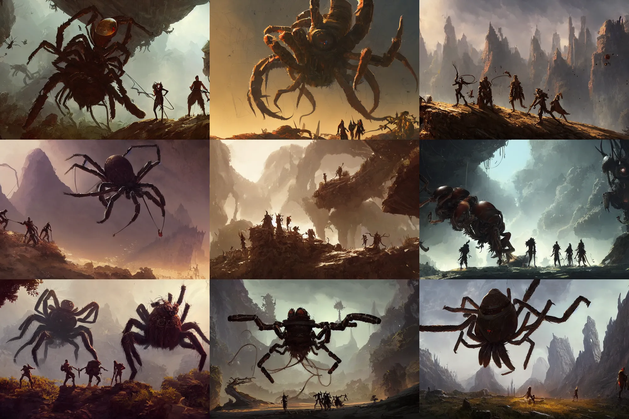 Prompt: an adventurer group with a giant spider behind them, epic, digital art in the style of Greg Rutkowski and Craig Mullins, 4k