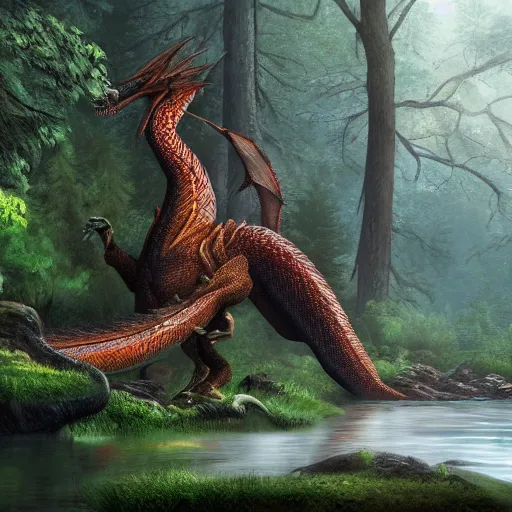 Image similar to a gargantuan dragon idly standing in a forest, peacefully drinking river water, trending on artstation, digital art, 4 k quality