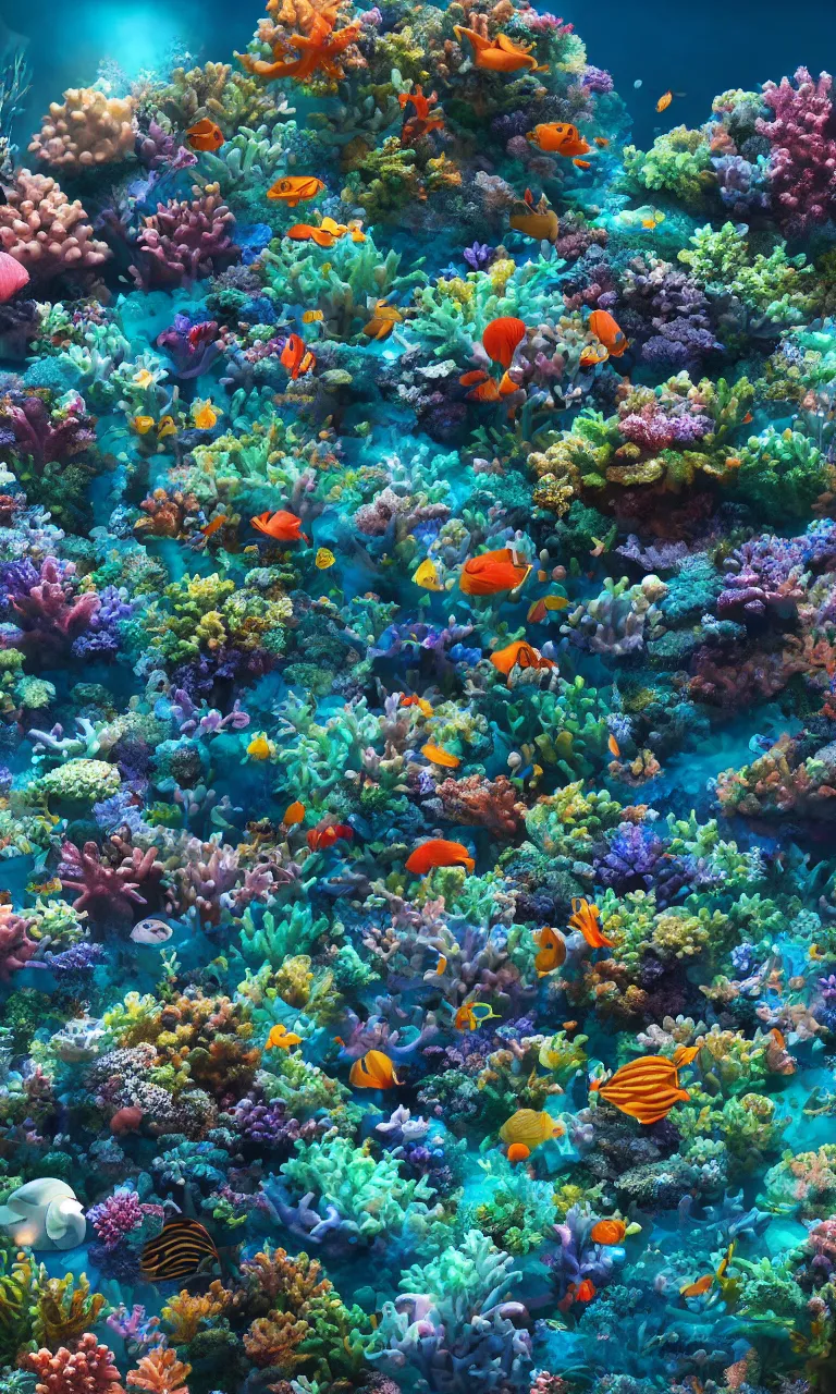 Image similar to a beautiful coral reef full of life and rays of light from the surface, trending on artstation, highly detailed, intricate detail, photorealistic, lifelike, realism, 8 k resolution, volumetric lighting, global illumination, specular highlights