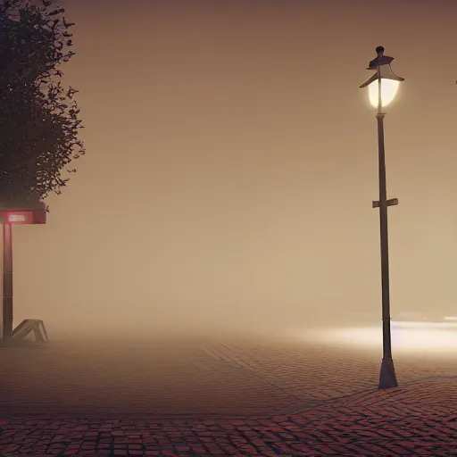 Prompt: abandoned bus stop with warm tinted street lamp on a misty night, cobblestone road, volumetric lighting, unreal engine, anime