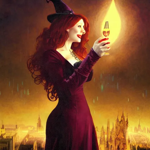 Image similar to a highly detailed matte painting of christina hendricks as an unbelievably powerful vampire witch, drinking wine, floating in the air doing blood magic, viewed in profile from far away, crackling green lightning, ultrawide lens, art by artgerm and greg rutkowski and alphonse mucha, volumetric lighting, octane render, 4 k resolution, trending on artstation, masterpiece