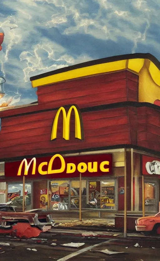 Image similar to amazing intricate painting of mcdonalds in an apocalypse. hd. hq. very detailed.