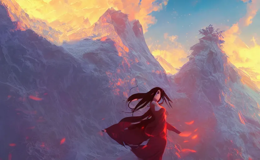 Image similar to Himalayan in a crystallized temple, beautiful flowing fabric, sunset, dramatic angle, dynamic pose, 8k hdr pixiv dslr photo by Makoto Shinkai ilya kuvshinov and Wojtek Fus