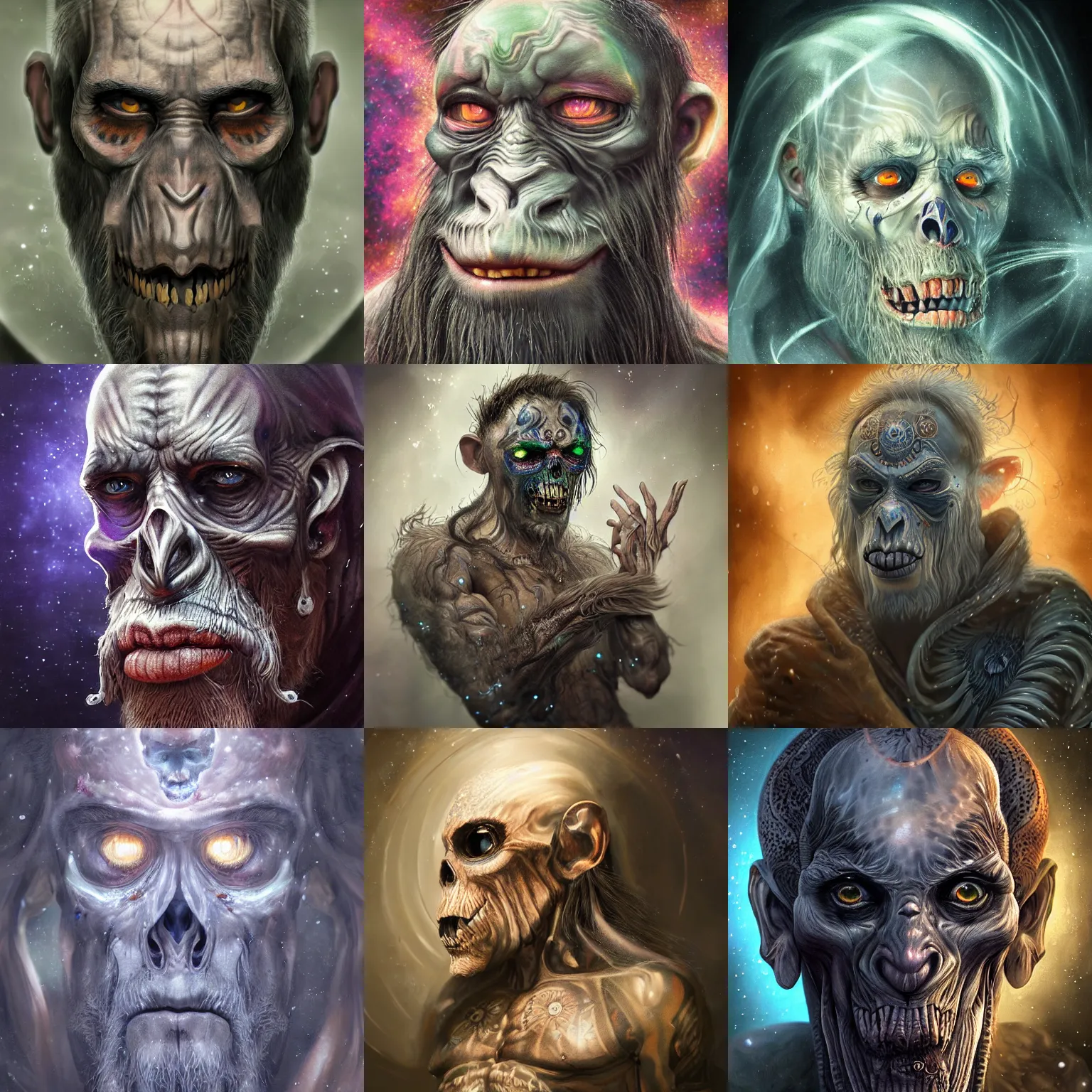 Image similar to a WLOP 3d render of Very very very very highly detailed beautiful mystic portrait of a phantom undead ape with whirling galaxy around, tattoos by Anton Pieck, intricate, extremely detailed, digital painting, artstation, concept art, smooth, sharp focus, illustration, intimidating lighting, incredible art,