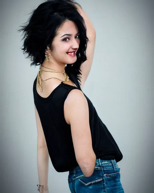 Image similar to a half body photo of a beautiful Young female with long disheveled black hair, beautiful and smiling, sweet looks, white skin and reflective eyes, black tank top, black leather shiny jeans, an ankh necklace white colors in the background, 500px photos, top cinematic lighting , cinematic mood, very detailed, shot in canon 50mm f/1.2