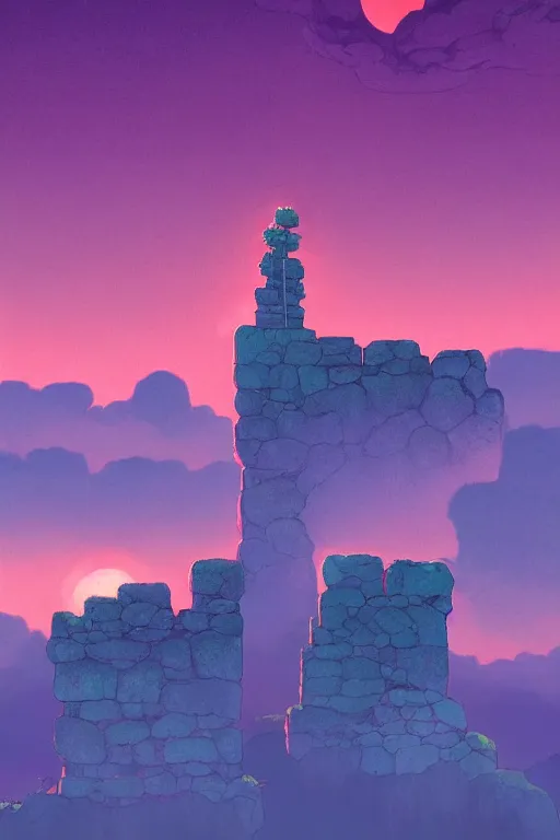 Image similar to stone wall stretching to the sky at the edge of the world, 4 k digital paint by studio ghibli hayao miyazaki. vivid colours, vaporwave lighting style, very sharp and detailed. trending on artstation and behance.