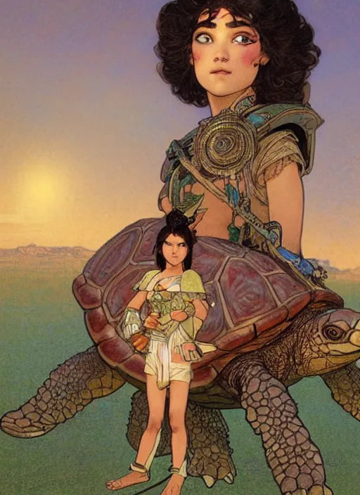 Prompt: a little warrior girl standing on top of a giant turtle in the desert. the girl has dark skin and beautiful green eyes, realistic body and a very beautiful detailed symmetrical face with long black hair. the turtle has a big wise face and closed eyes. diffuse light, dramatic landscape, fantasy illustration by mucha