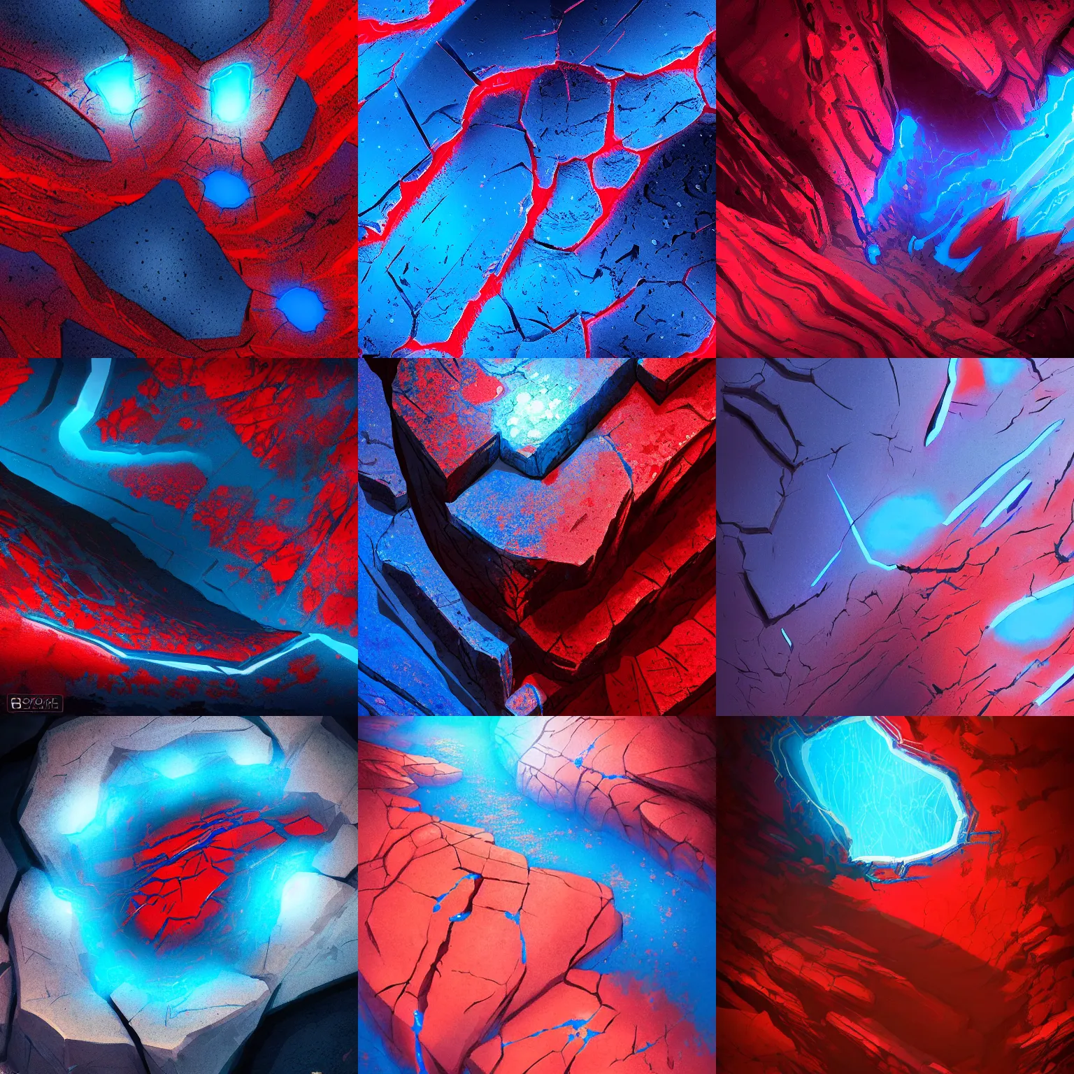 Prompt: a rock with blue and red glowing cracks, black background, digital painting, d&d, fantasy, highly detailed, intricate, smooth, artstation, cinematic lighting