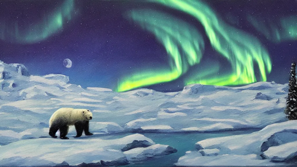 Prompt: an oil painting of a close - up polar! bear traversing a snowy landscape at night, the northern lights and the moon are visible