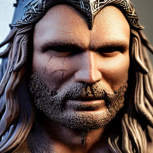 Image similar to of a 3d clay model of a viking from valhalla, wearing the horned helmet ultra fine detail, hair strands, ultra high resolution, fine texture detail, miniature painting techniques, perfect proportions, marvel cinematic universe, eric bana