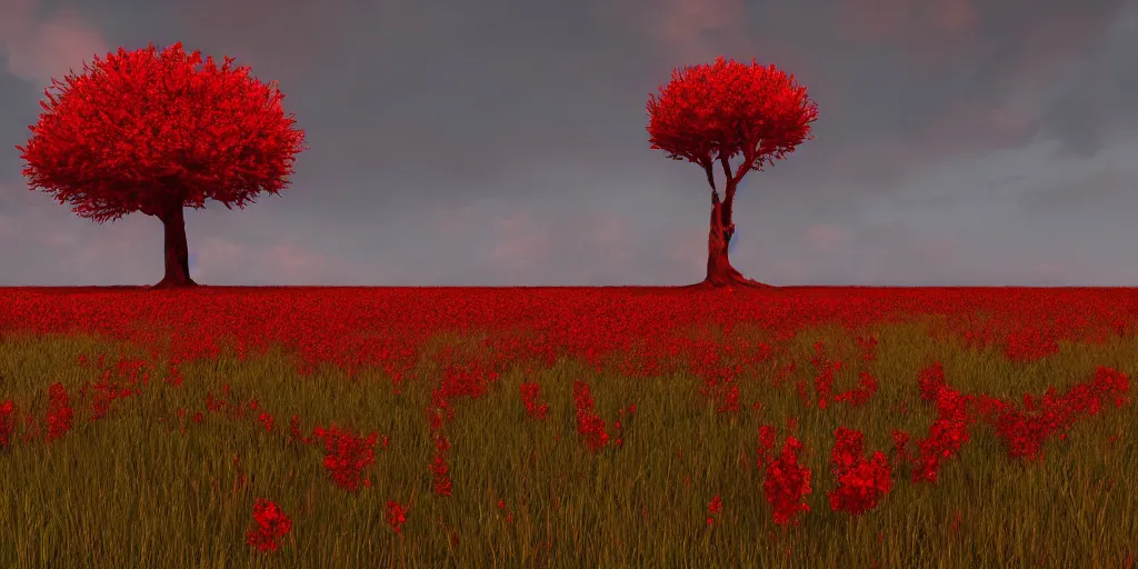 Image similar to a big red tree in the middle of a battlefield near a bunch of red flowers at sunrise, hyperrealistic, concept art, octane render, unreal engine 5, trending on Artstation, high quality, 8K, dramatic lighting, cinematic, high coherence, highly detailed, Midjourney style, epic scene, path traced, low contrast, complementary colors