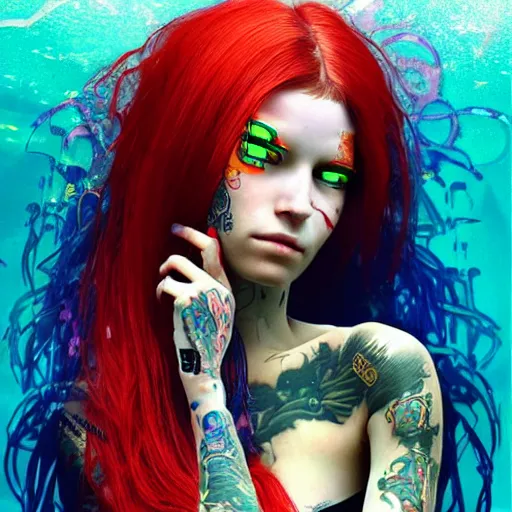 Image similar to portrait of a robot girl with long red hair and a tattoo in the style of the game cyberpunk 2 0 7 7, under water, very beautiful enga style, the girl is wrapped in color, photorealism albrecht durer george copeland ault