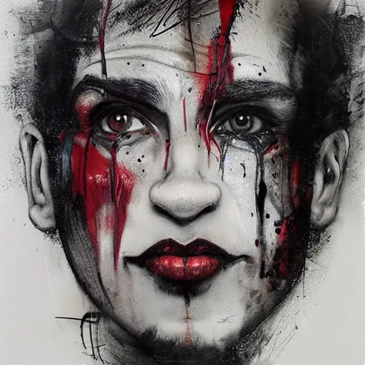 Image similar to Portrait of a young Clown that has an expression of joy with black tears on his face by Guy Denning by Artgerm