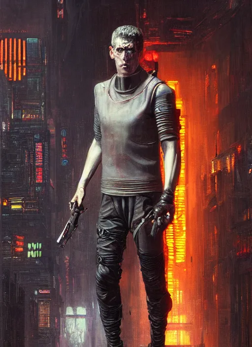 Prompt: Frankenstein as a cyberpunk assassin in a cyberpunk stealth suit (blade runner 2049, cyberpunk 2077). Orientalist portrait by john william waterhouse and James Gurney and Theodore Ralli and Nasreddine Dinet, oil on canvas. Cinematic, hyper realism, realistic proportions, dramatic lighting, high detail 4k