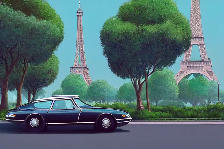 Image similar to a wholesome beautiful animation key shot of!! one!! focused!! 1 9 7 4 citroen ds!! in a tree lined paris street, slight view of eiffel tower, medium shot, studio ghibli, ( pixar ) and disney animation, sharp, very detailed, high resolution, rendered in unreal engine 5, anime key art by greg rutkowski, bloom, dramatic lighting