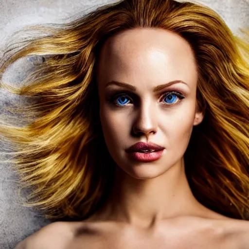 Image similar to A beautiful woman with blonde hair and green eyes and a big forehead, full body portrait, highly detailed, excellent composition, dramatic lighting, realistic 4k