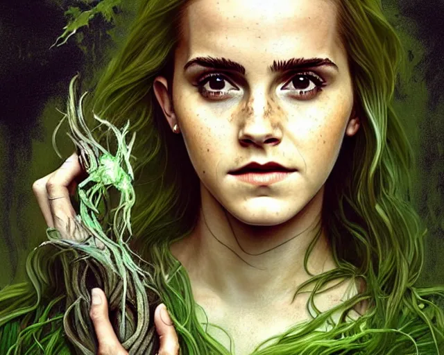 Image similar to mindblowing portrait of emma watson as a swamp witch, green colored skin!!, holding caduceus, messy hair, deep focus, d & d, fantasy, intricate, elegant, highly detailed, digital painting, artstation, concept art, matte, sharp, illustration, hearthstone, art by artgerm and greg rutkowski and alphonse mucha