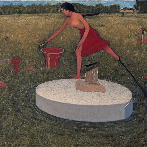 Image similar to by horace pippin, by serge marshennikov threatening. the computer art shows a grave that has been flooded with water. the grave is located in a cemetery in italy. the water in the grave is dirty & there is trash floating in it. the grave is surrounded by a fence.