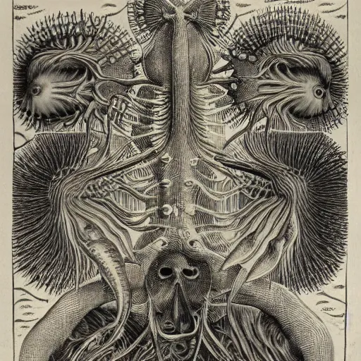 Image similar to surreal bestiary of repressed unconscious emotional monsters and creatures, illustrated by Ernst Haeckel and Robert Fludd