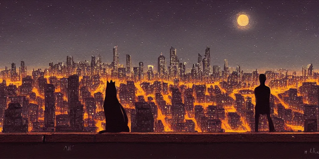 Prompt: A cat overlooking a city at night by Alena Aenami