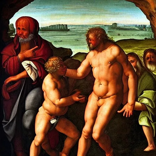 Prompt: renaissance painting of the cyclops-giant Polyphemus emerging from his cave