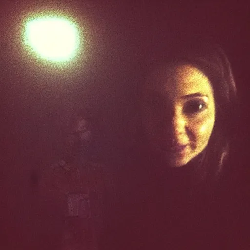 Prompt: A selfie of a woman in a dark room, with a spooky filter applied, with a figure in the background, reaching out towards the camera, in a Halloween style.