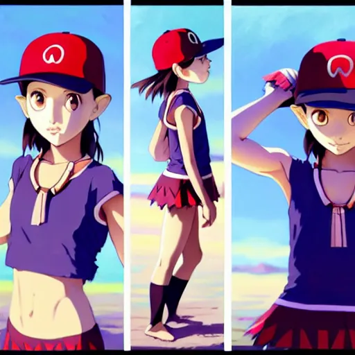 Image similar to beautiful boyish natalie portman gravure model in majora's mask, wearing wooden mask and baseball cap and leotard, street wear with subtle mayan patterns, aztec bathing suit, gapmoe yandere grimdark, trending on pixiv fanbox, painted by greg rutkowski makoto shinkai takashi takeuchi studio ghibli, akihiko yoshida