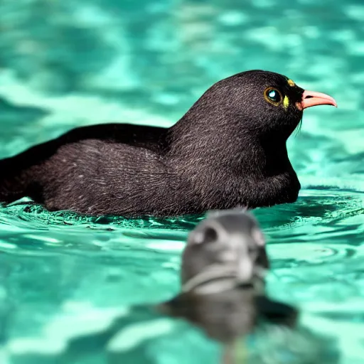 Prompt: a kiwi bird swimming in a pool together with a black cat, high quality