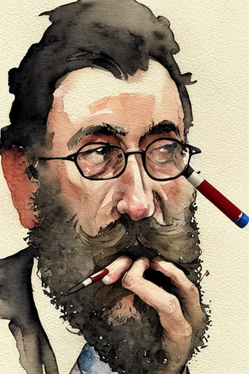 Image similar to portrait of a middle - aged writer with a beard, he is smoking a cigarette, watercolor style of greg rutkowski