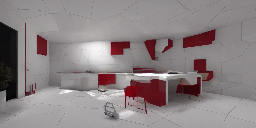 Image similar to interior photo of a ceramic tile futuristic house, octane render, minimalism, white and red colour palette, dramatic lighting