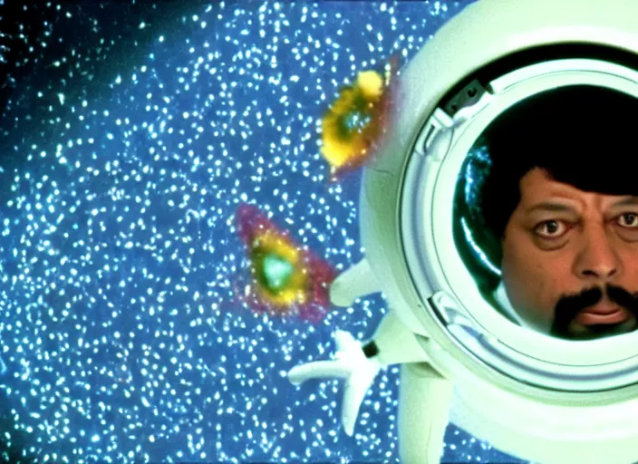 Prompt: film still of young old Cheech Marin flying through wormhole as Dr. Dave Bowman in 2001 A Space Odyssey