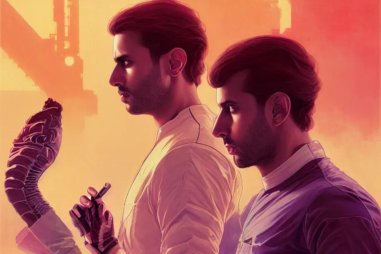 Image similar to Sensual good looking pale young Indian doctors wearing Blade Runner 2049 clothing in a space station above Earth, portrait, elegant, intricate, digital painting, artstation, concept art, smooth, sharp focus, illustration, art by artgerm and greg rutkowski and alphonse mucha