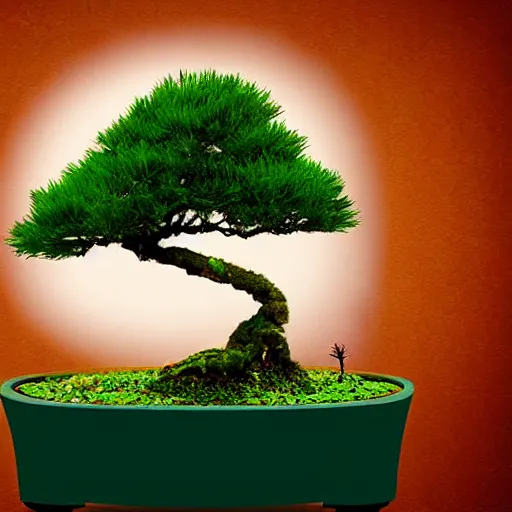 Image similar to A bonsai tree growing out of a fish tank, digital art