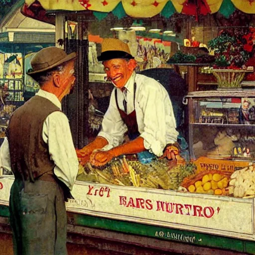 Prompt: a smiling merchant serving his customers at the fair artwork by Norman Rockwell, cinematic composition