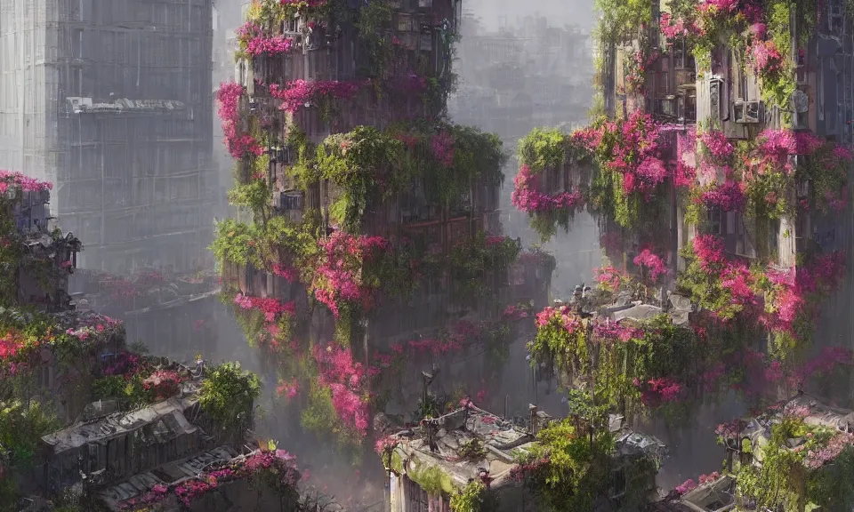 Prompt: A flowerpunk building in a flowerpunk city, designed by Greg Rutkowski. Trending on Artstation