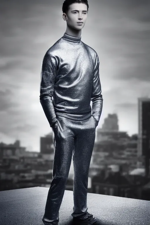 Image similar to un ultra high definition studio quality photographic art portrait of a young man standing on the rooftop of a british apartment building wearing soft padded silver pearlescent clothing. three point light. extremely detailed. golden ratio, ray tracing, volumetric light, shallow depth of field. set dressed.