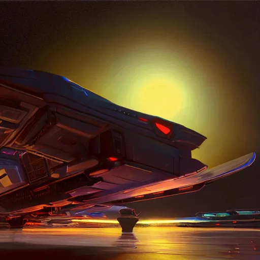 Prompt: detailed painting of a spaceship by syd mead at night, exterior, floral ornaments, volumetrics lights, beam of bright lights through the clouds, artstation, unreal engine, thomas kinkade