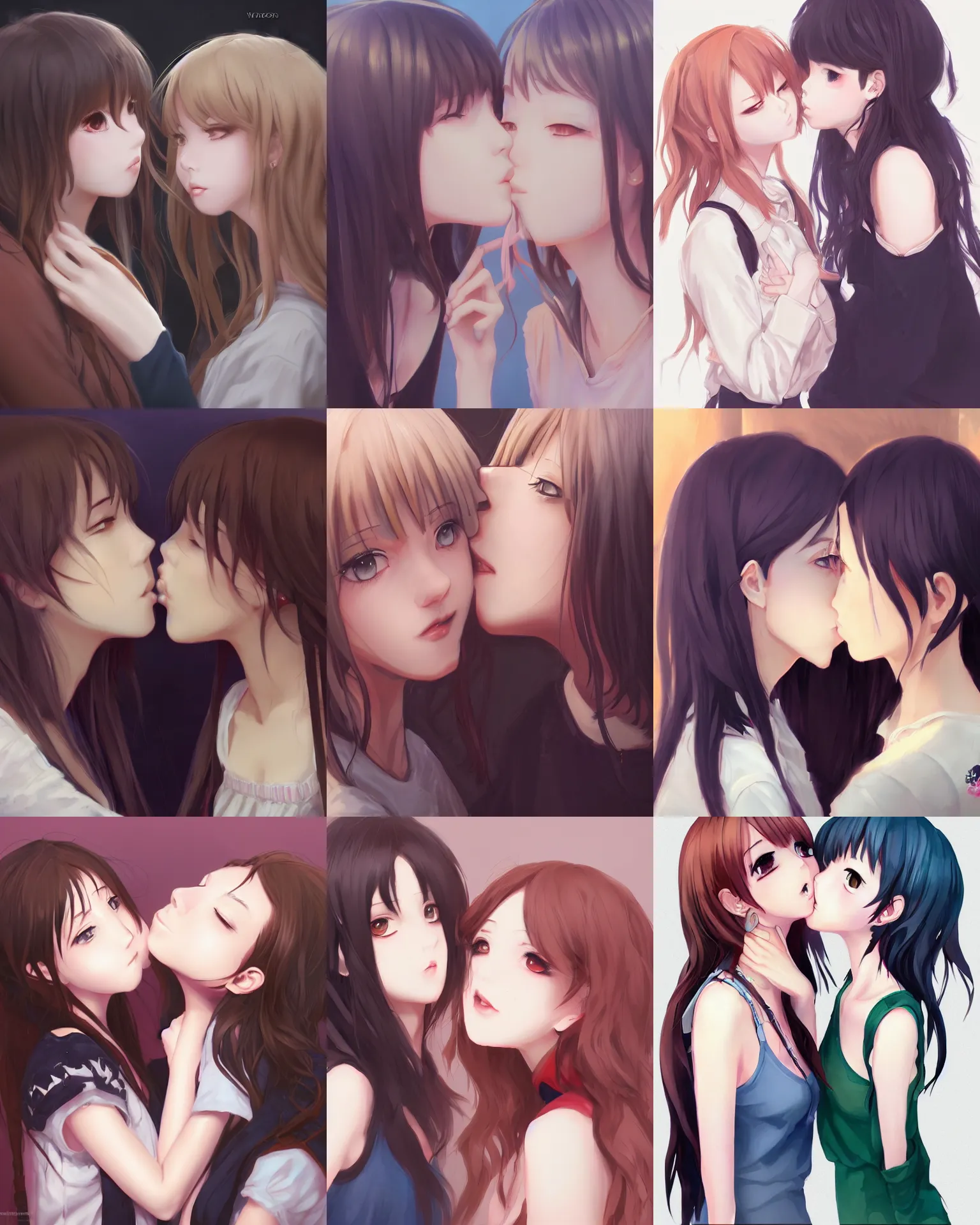 Prompt: portrait of two girls kissing, anime, drawn by wlop, trending on artstation