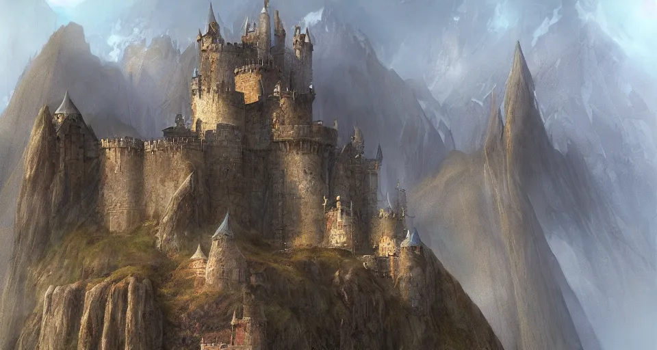 Image similar to castle on a misty mountain by John Howe and Jeff Easley and Craig Mullins, concept art, HD, 8K