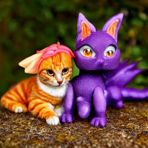 Image similar to tiny adorable purple fantasy dragon cuddles an orange tabby cat, realistic, orange tabby cuddles purple dragon, award - winning photography