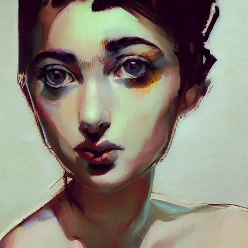 Prompt: portrait of a beautiful stunning young woman sitting with a striking cute face big eyes full figure seductive sensual alluring attractive, in the style of disco elysium, expressionism, artstation, trending, by aleksander rostov, jenny saville, rembrandt, alex kanevsky, wassily kandinsky, dave mckean, yoshitaka amano