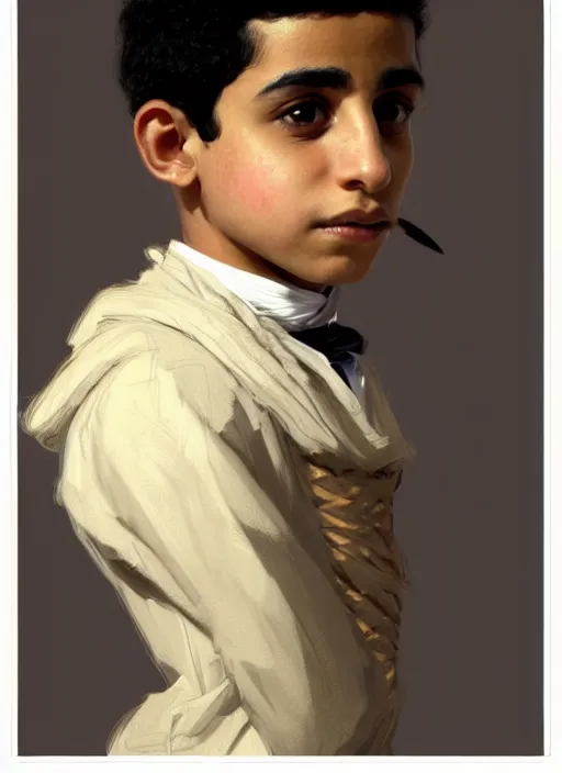 Image similar to a portrait of an egyptian boy with a crooked nose in victorian clothing, confident pose, intricate, elegant, sharp focus, illustration, highly detailed, concept art, matte, trending on artstation, anime, art by james jean and artgerm and brian despain and alberto mielgo, greg rutkowski, wlop, ilya kuvshinov, strong strokes
