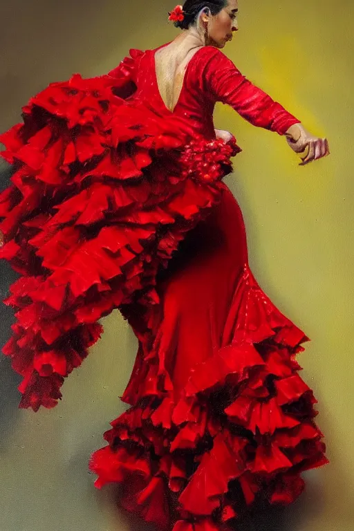 Prompt: oil painting of spanish flamenco dancer in mallorca wearing a red dress made of flowers, dimly lit, photo realistic, extreme detail skin, no filter, slr, 4 k, high definition