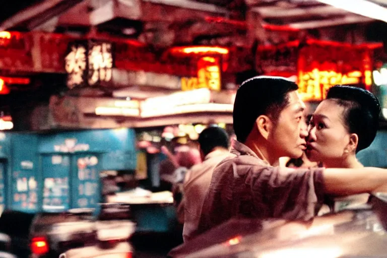 Prompt: wong kar wai love movie scene. wide angle 9 mm lens
