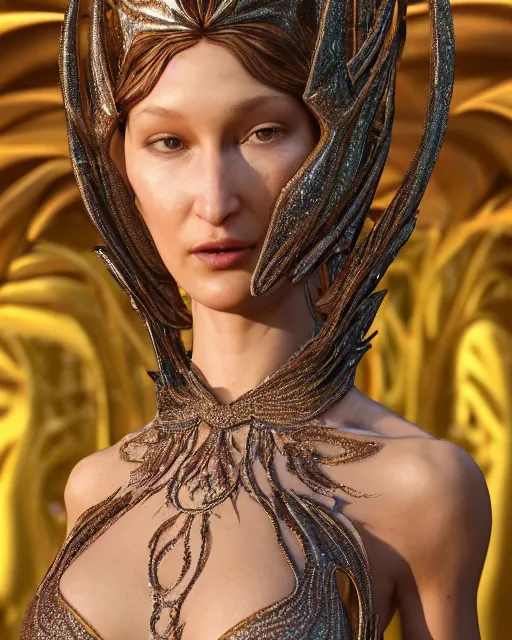 Image similar to a highly detailed metahuman 4 k close up render of an alien goddess bella hadid as alien in iris van herpen dress schiaparelli in diamonds crystals swarovski and jewelry iridescent in style of alphonse mucha gustav klimt trending on artstation made in unreal engine 4