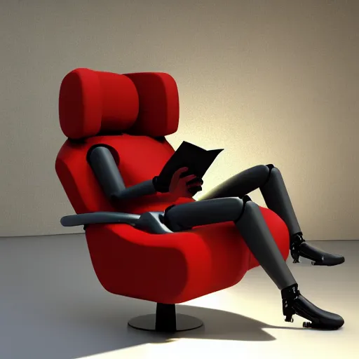 Prompt: futuristic lonely matte brown and red full-body humanoid robot with two huge round expressive sad LED eyes and open rectangular mouth sitting on a large comfortable cushioned 1950s vintage recliner reading a newspaper. open newspaper. Cinematic Movie Photograph, Arri Alexa, Extremely Detailed, smooth, very very clean, 8K, octane render, maya render, unreal engine, trending on artstation, DSLR, excellent composition, center frame