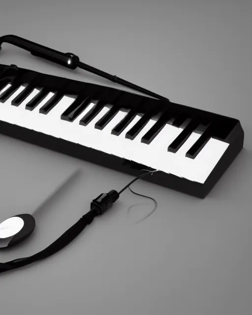 Image similar to 4K, UHD, post-processing Octane render, studio background, adaptative lighting, High Quality render of an electronic melodica, black, glossy, futuristic, highly detailed, intrincated