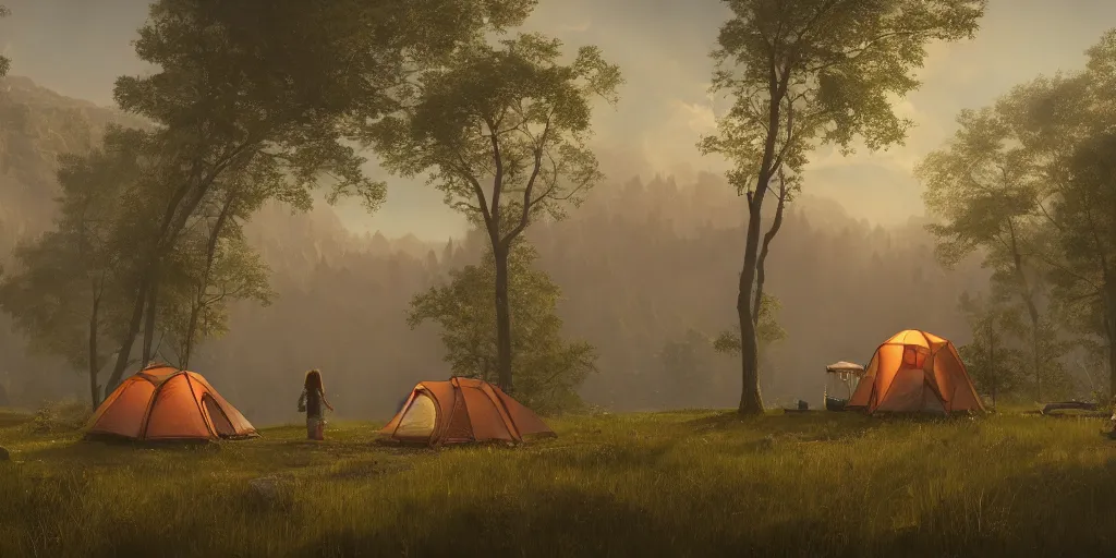 Prompt: looking out a window to see two women camping, elegant scene, low angle, wide angle, indian forest, wide angle, cinematic, ultrarealistic, trending on artstation, cgsociety, highly detailed, color graded, rendered in unreal engine 4 k hq, matte painting, by simon stalenhag and hudson river school, horizon forbidden west