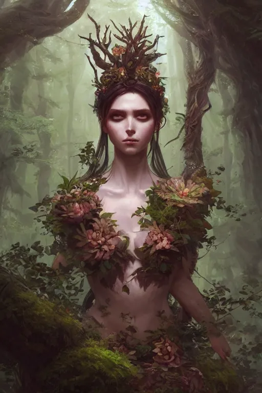 Image similar to goddess of the forest, highly detailed, digital painting, artstation, concept art, smooth, sharp focus, illustration, unreal engine 5, 8 k, art by artgerm and greg rutkowski and edgar maxence